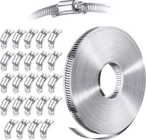 304 Stainless Steel Hose Clamp Assortment Kit DIY, Cut-To-Fit 50 FT Metal Strap+24 Stronger Fasteners, Large Adjustable Worm Gear Hose Clamps Screw Clamps Duct Pipe Metal Clamp Strapping