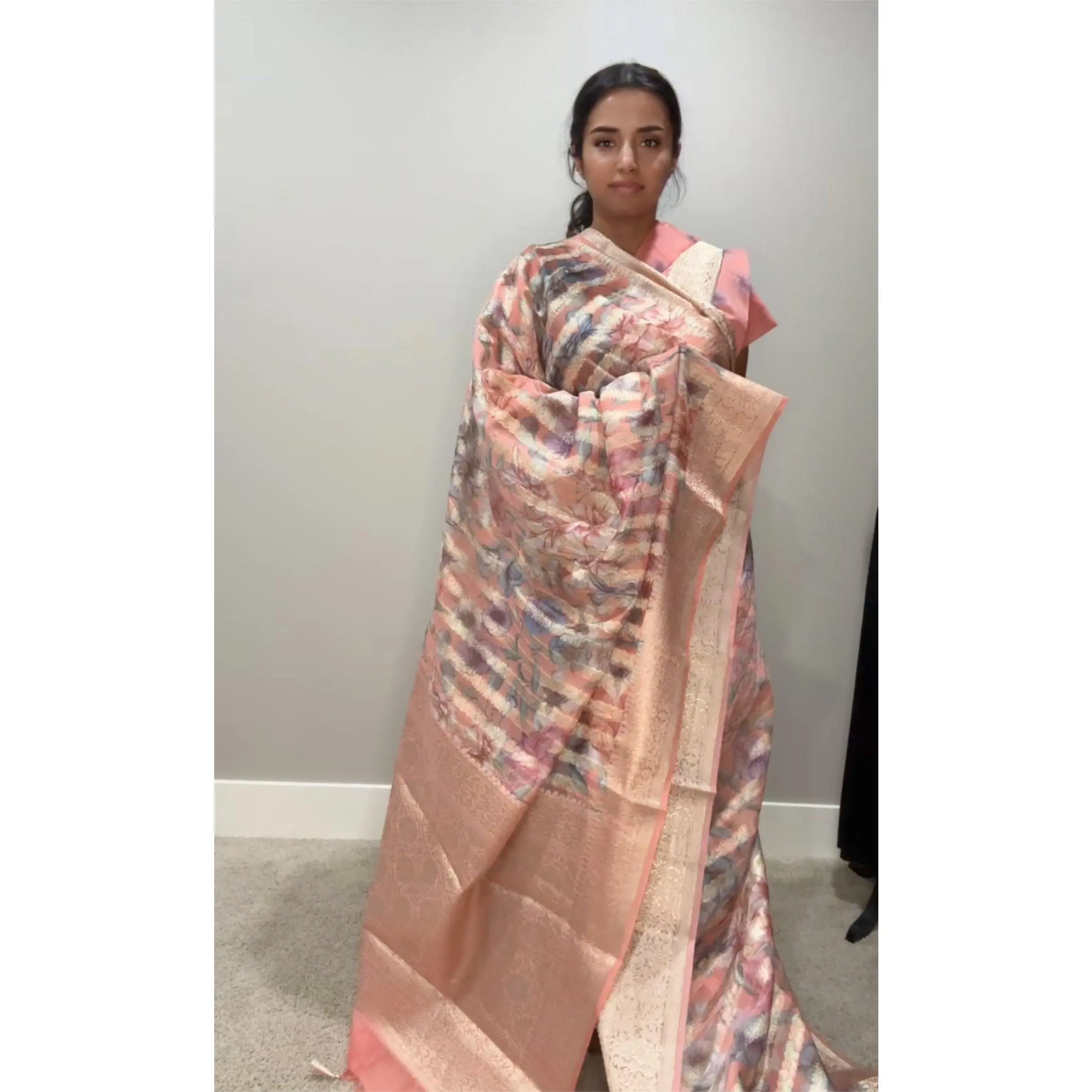 Banarsi Georgette Leheriya Saree - Peach with digital print
