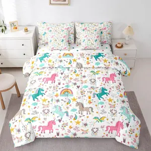 Feelyou 7-Piece Ultra Soft Microfiber Bedding Set - Kawaii Theme, Unicorn/Figure Print, Colorful Fuzzy Breathable Blanket, Quilted Bed-in-a-Bag for Kids (Multi-Size), Colorful Fuzzy Blanket