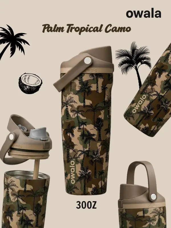 Owala Limited Edition Palm Tropical Camo 30oz Freesip Sway Tumbler with 24-hour insulation and lockable lid, Suitable For Travel, Outdoor, Gift For Him