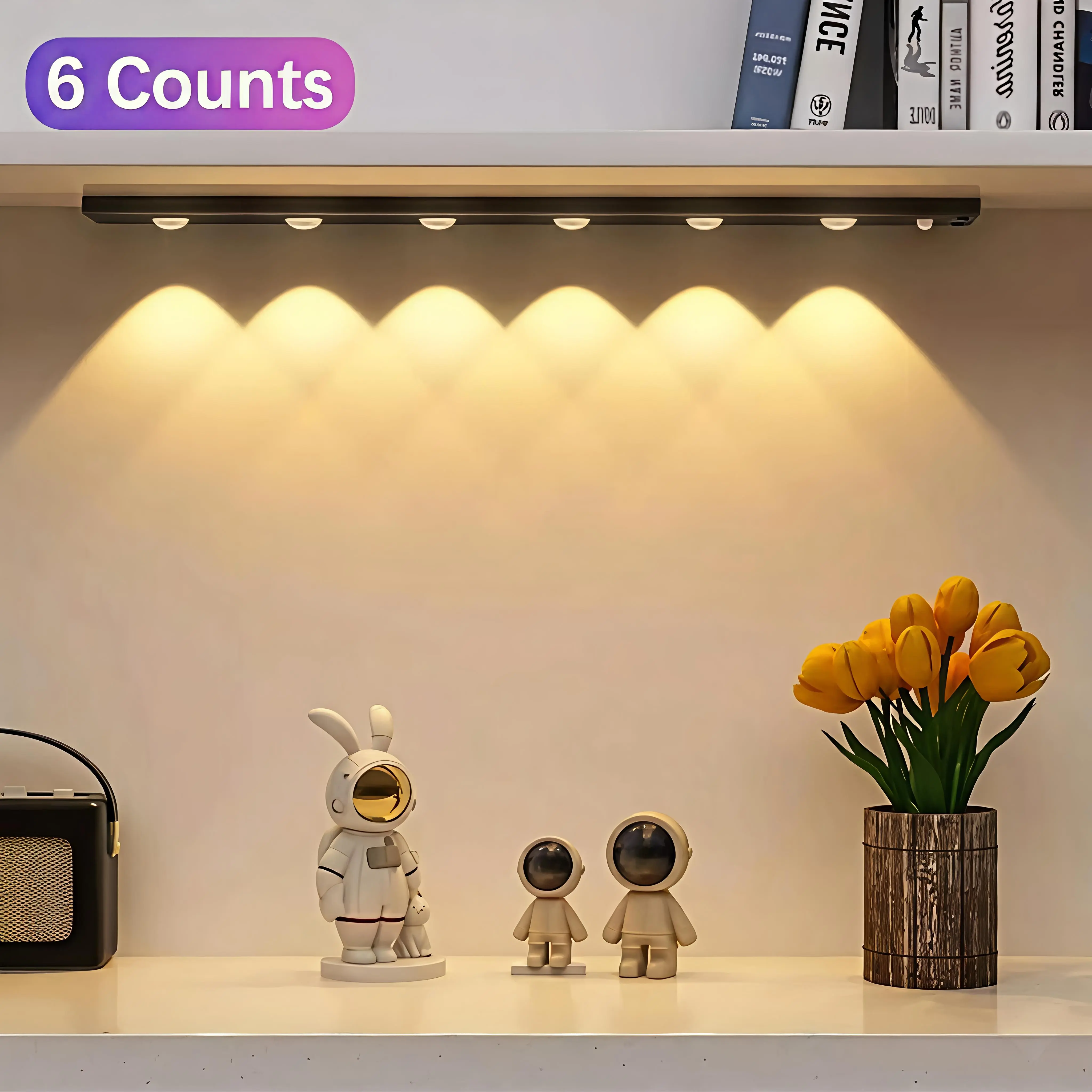 6-Pack Adjustable LED Light Strips with Wireless USB Charging, Motion Sensor & 3-Color Changing, Indoor Night Lamp for Home Decor, Kitchen Cabinets (adjustable leds included)
