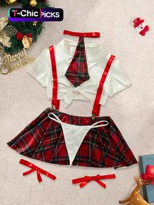 women's sexy plaid costume set, plain collared crop top & suspender skirt & & thong & tie & thigh bands set, women's lingerie for vacation party cospiay, womenswear