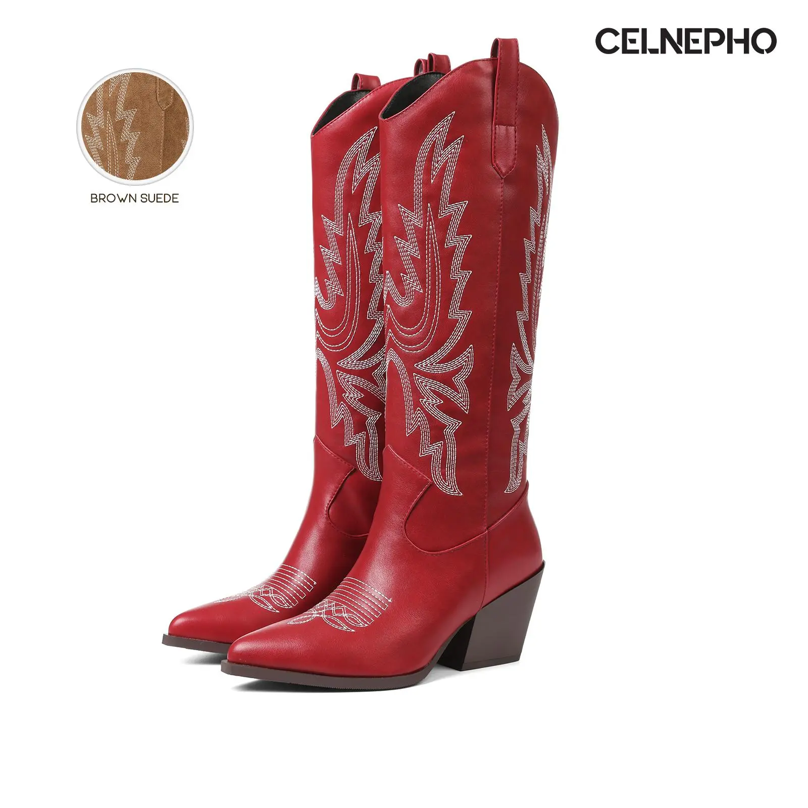 CELNEPHO Cowboy Boots for Women Western Embroidery Boot Pointed Toe Block Heel Knee High Boots Easy Pull on Retro Style Everyday Wear Work Horse Riding Date Country Wedding Dress Shoes