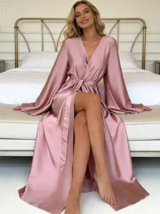 French Luxury Satin Flounce Sleeve Robe, Elegance Wave Hem Tie Waist Sleepwear Loungewear, Sexy Slit Belted Homerobe, One Piece Set