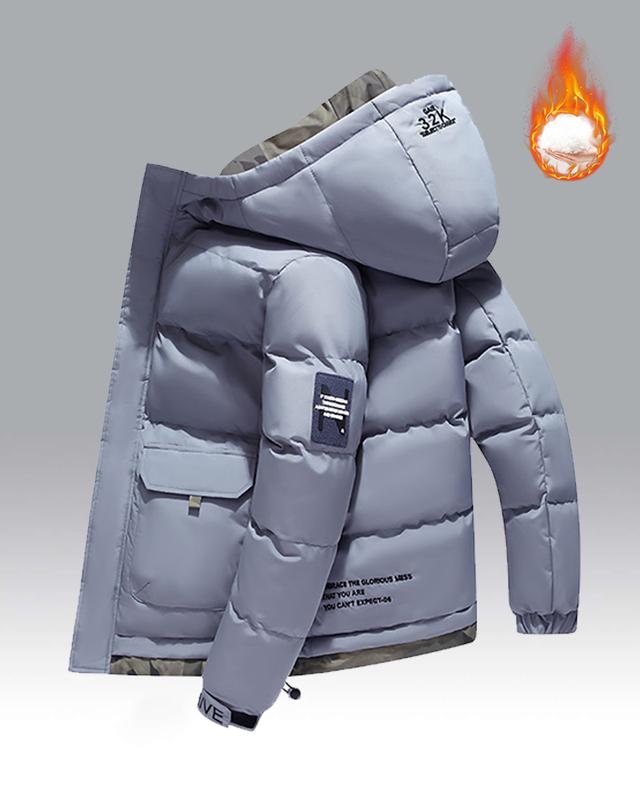 Men's Lightweight Puffy Hoodie – A thick, warm cotton jacket; features a drawstring hood, hook-and-loop fasteners, and a zippered front closure; perfect for various occasions such as commuting to work or going out on the weekend; an essential versatile pi