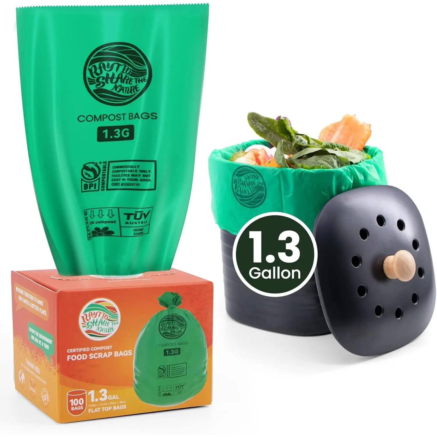Compost Bags 1.3 Gallon,100 Count,Compostable Small Trash Bags for Kitchen Countertop Compost Bin 0.75, 1,1.2, 1.3Gallon,ASTM D6400,  BPI and  OK compost  certified