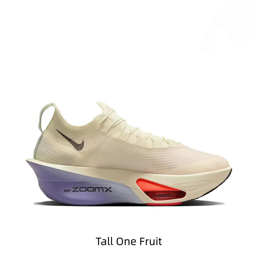Dreamy pastel performance racing sneakers. Smooth cream woven sock upper matched with pale lavender gradient chunky hollow sole, tiny red accent adds subtle vivid contrast for soft futuristic athletic aesthetics.