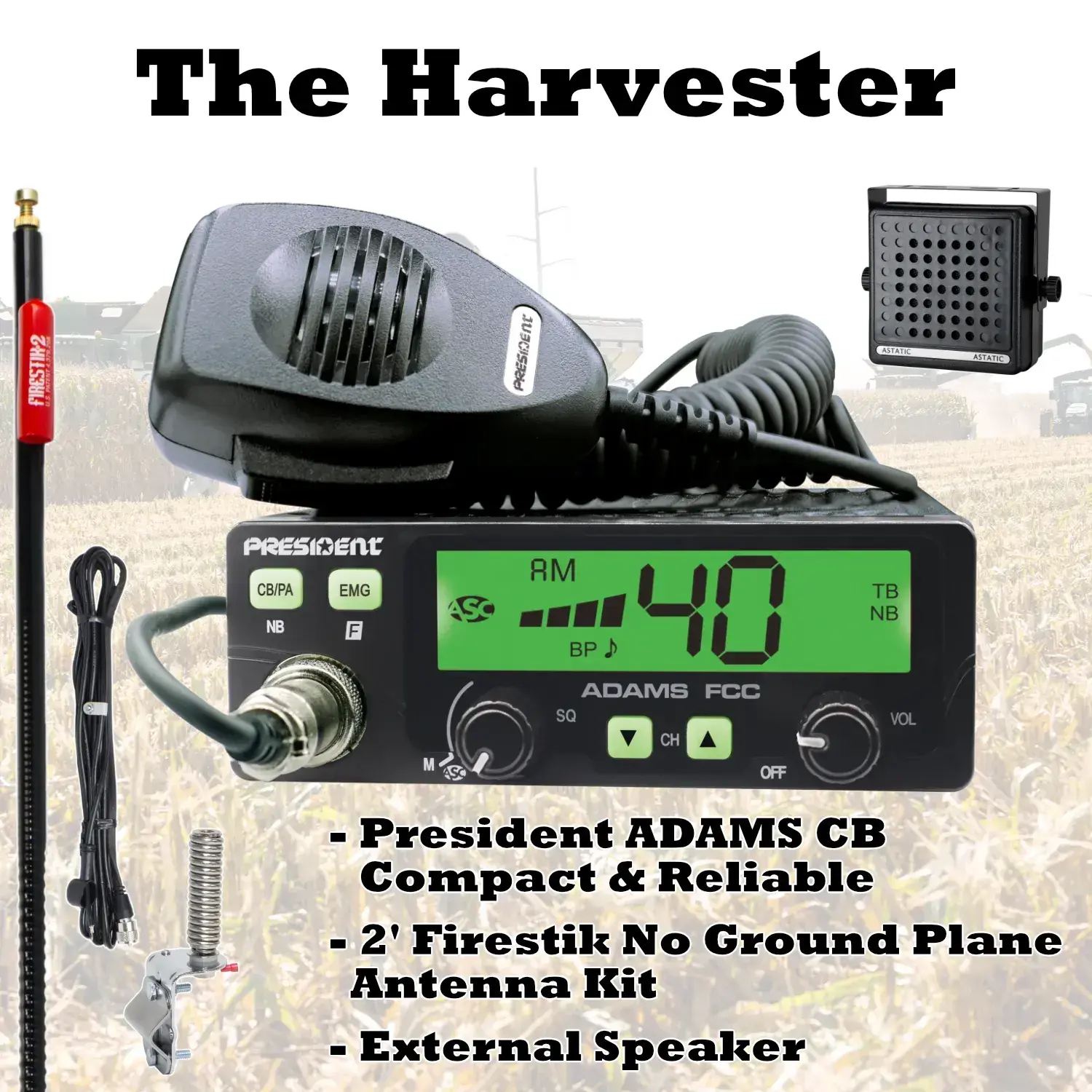 Harvester No-Ground Plane CB Radio and Antenna Package for Farm Tractors and Combines