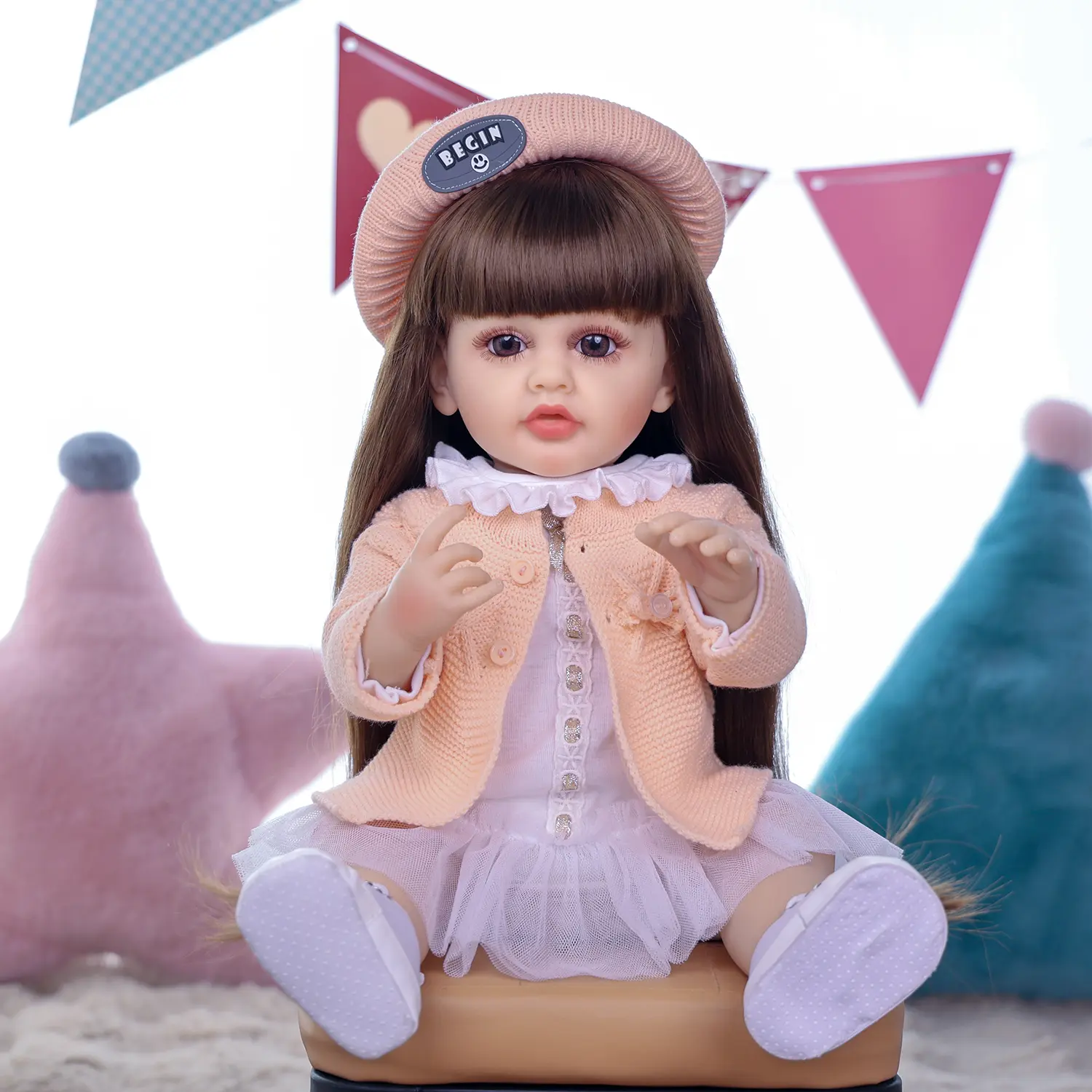 KEIUMI 22in Full Body Silicone Realistic Soft Reborn Babydoll Toy - Newborn Doll for Girls 3+, with Brown Long Hair, Black Eyes, Coffee Beret Hat Set, White Canvas Shoes, Birthday/Christmas Gift, Reborn Baby Doll
