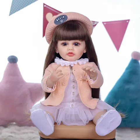 KEIUMI 22-in Full-Body Silicone Reborn Baby Doll - BPA-Free, PVC-Free, Safe Lifelike Soft Doll for Kids Over 3+, with Brown Long Hair, Black Eyes, Coffee Beret Set, White Canvas Shoes, Birthday Gift