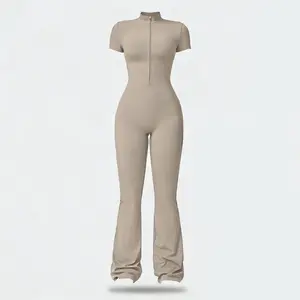 Women's summer zip-up, skin-feel short-sleeve bodysuit, breathable and skin-friendly with a slim-fit cut and hip-lifting design, ideal for yoga, Pilates, and fitness