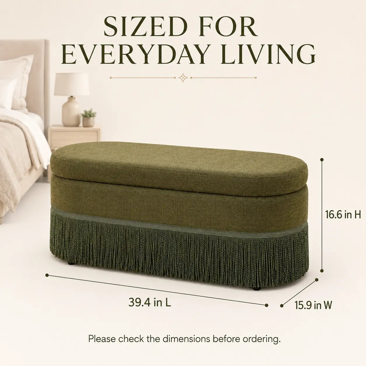 Olive Green Upholstered Storage Ottoman Bench with Lift-Top Hidden Storage, Oval Padded Footrest and Retro Fringe Trim, 39.4-Inch Accent Bench
