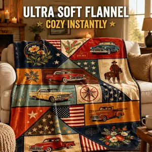 Ultra Soft Lightweight Flannel Throw Blanket, 1-of-a-Kind Vintage Americana Patchwork, Cowboy & Classic Car Design, Cozy Gift for Western Farmhouse Home Decor