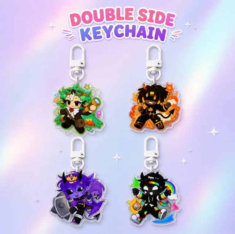 Unstable Universe Quartet Inspired Double-Sided Acrylic Keychain, ParrotX2 FlameFrags Wemmbu SpokeIsHere Chibi Fan Gift