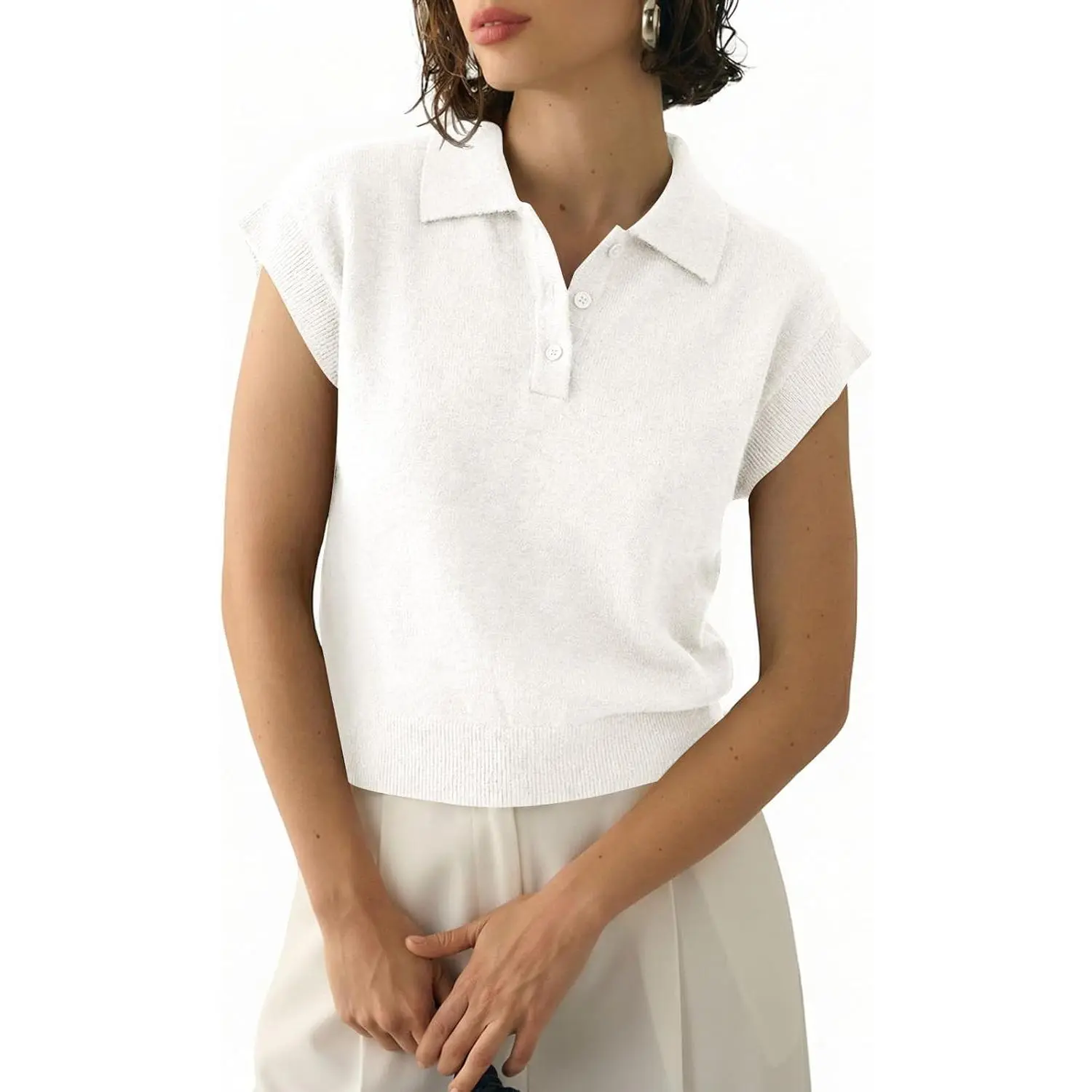 Saodimallsu Women's Minimalist Button-Collared Polyamide Knit Plain Polo Shirt - Cap-Sleeve, Fitted, Basic Breathable Lightweight Sweater, Business Casual Pullover Top for Summer, Sporty Chic Women's Tops, Business Casual Tops
