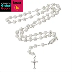 Silver Rosary necklace,Rhinestone rosary,vintage,VibrantRosary Cross Pendant Necklace,Christian ReligiousSymbol,Perfect Easter Holiday Gift