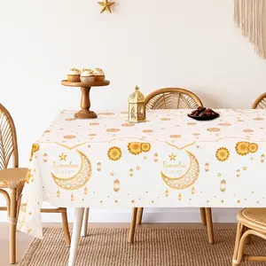 1pc, Ramadan Kareem Disposable Plastic Tablecloth, 86.61*51.18inch, Featuring a White And Golden Moon, Star, And Lantern Design, Perfect for Home Decoration During Ramadan, Suitable for Ramadan Kareem Parties, Islamic Muslim Party Supplies