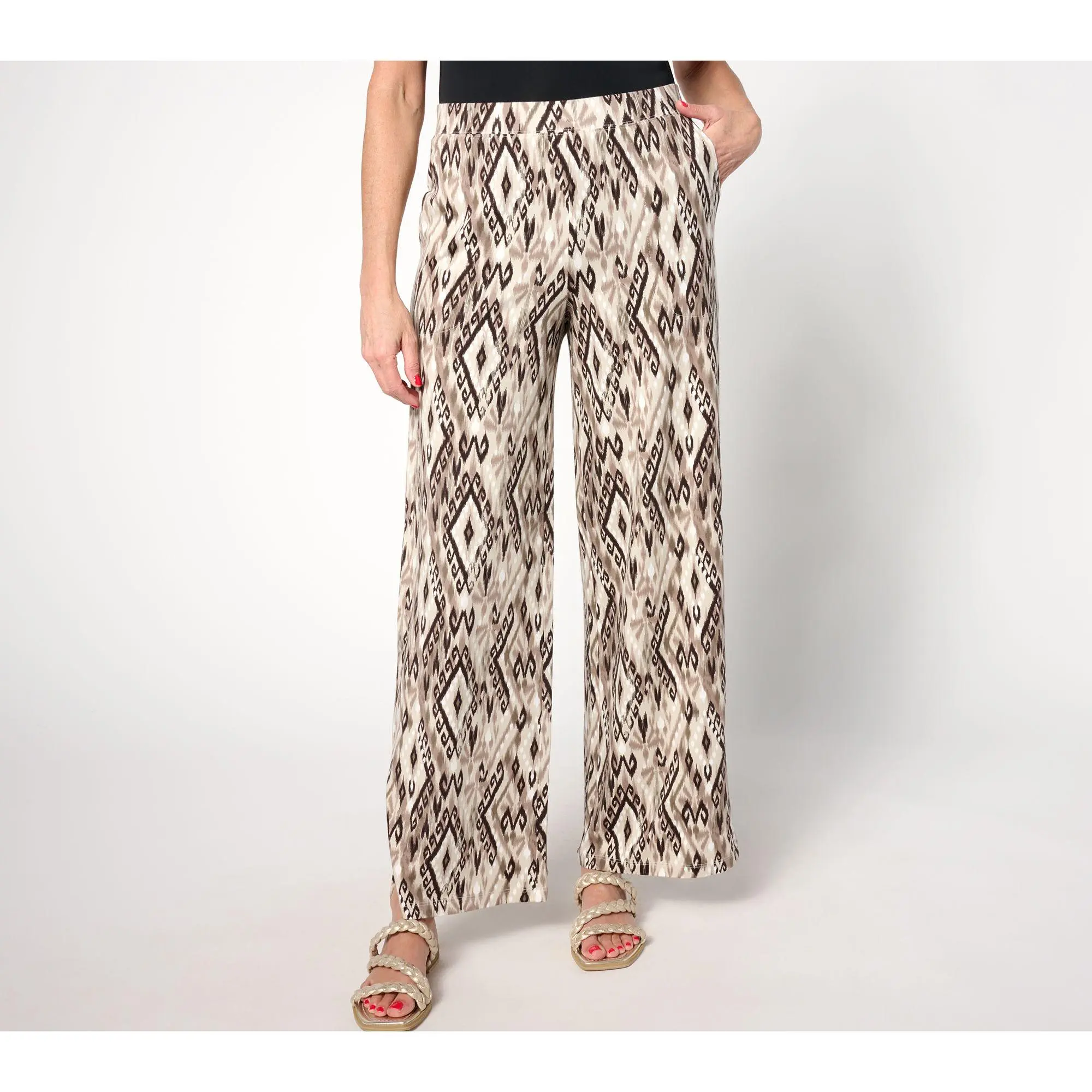 QVC Women's Tall Wide-Leg Denim & Co. Beach Jersey Pants with Side Slits