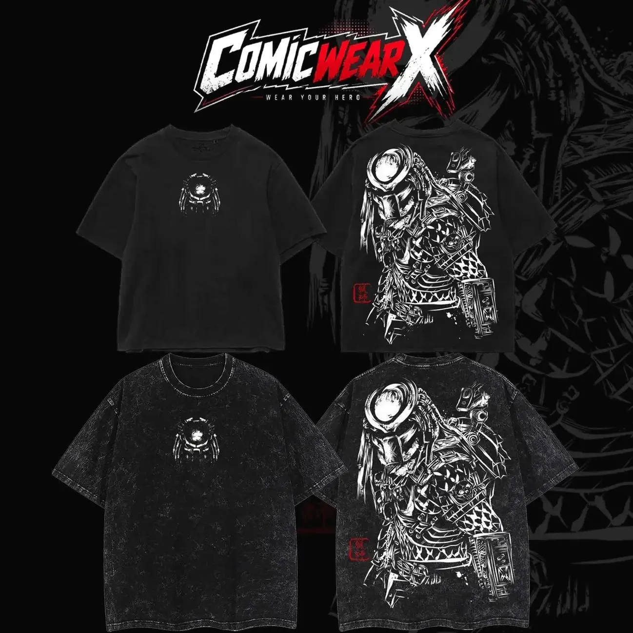 [ ComicWear X ] Predator – Alien vs. Predator Vintage T-Shirt Menswear Top Heavy Cotton Underwear Tee Washed Oversize Unisex Sci-Fi Movie Retro Graphic Tee Classic 90s Space Action Film Fans 3P3