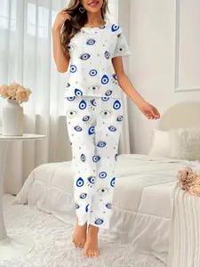 Women's Sleepwear Set, Pajama Loungewear Lightweight Spring Summer Round Neck Short Sleeve Top + Shorts, Eye Print Design, Casual Fitted All Season Wear