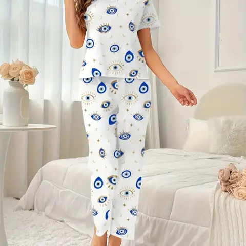Women's Sleepwear Set, Spring Summer Round Neck Short Sleeve Top + Shorts, Eye Print Design, Casual Fitted All Season Wear, Lightweight Loungewear Pjs Homewear, Sets Pajama