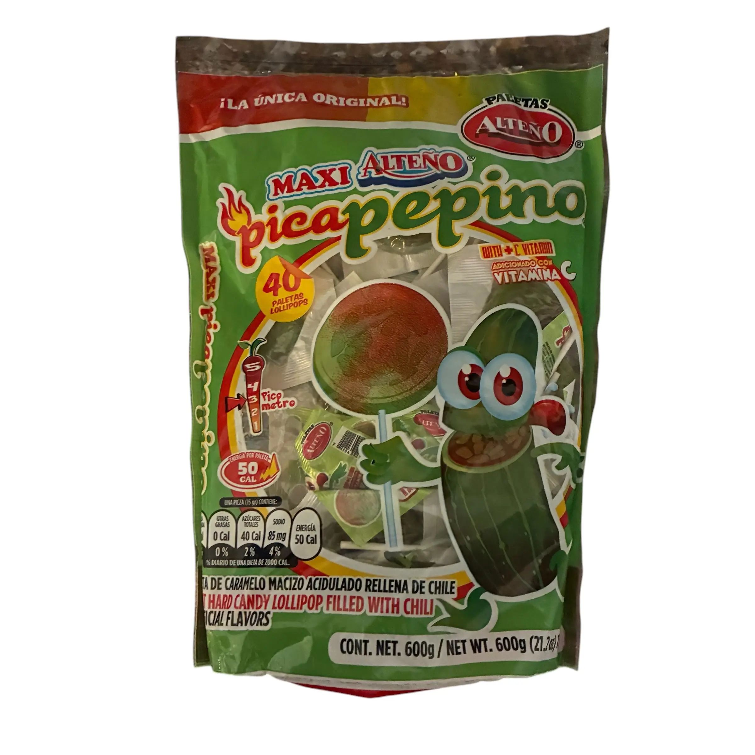 Alteno Pica Pepino Spicy Cucumber Lollipops - 40 Count Sweet Sugar Snack, Mexican Candies Dulces Mexicanos