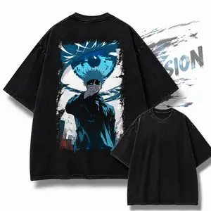 Gojo Vision Vintage Washed Tee – Oversized Anime Back Print Shirt, JJK Y2K Streetwear DTG Graphic T Shirt