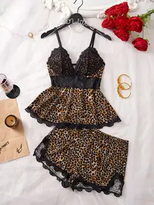 Women's Solid Contrast Lace Spaghetti Strap Cami Top & Shorts Pyjama, Solid Camisole & Shorts Pj Set, Women's Casual Sleepwear for All Seasons, Womenswear