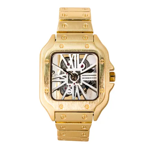 Men's 40mm Square Skeleton Dial Watch – Metal Band, Quartz Movement – Alloy with Coated Finish
