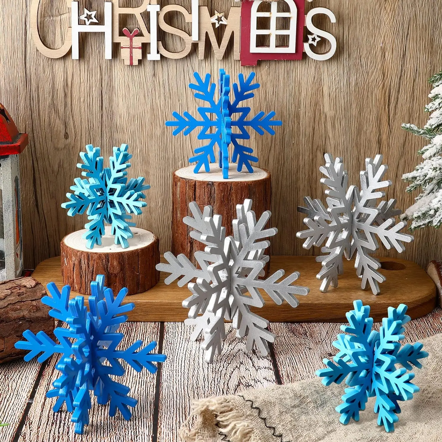 12 Pcs Christmas Wooden Snowflake Table Decor Snowflake Signs 3D Snowflake Centerpiece for Home Xmas Party Supplies - Silver Ornaments Decoration