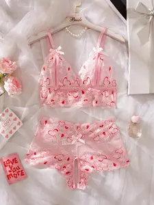 AESKEIA Women's Lingerie Set Pink Lace Sheer Romantic Heart Bow Sexy Three-Point Suspender Crotchless 2pcs Set for Date Night