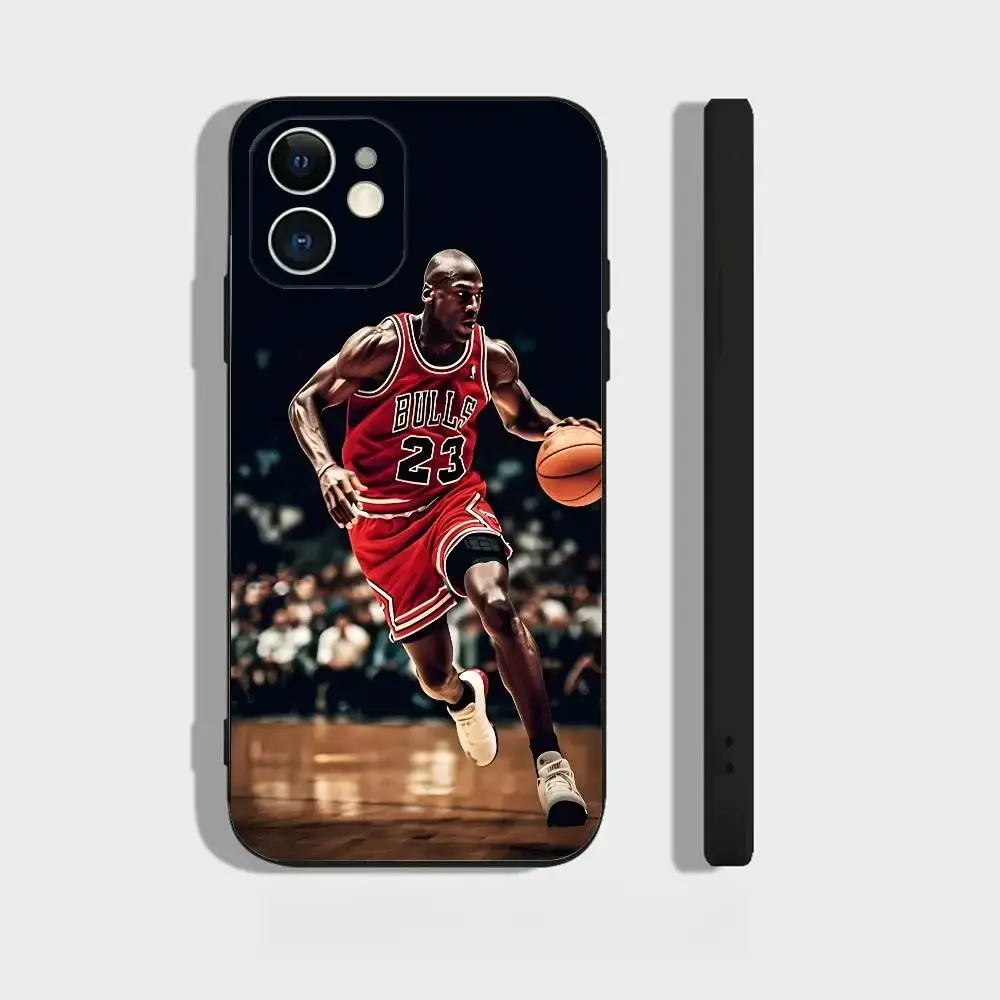 Liquid glass phone case featuring the image of basketball star Michael Jordan, compatible with iPhone 17, 16, 15, 14, 13, and 12. Black soft case, shockproof protective cover.