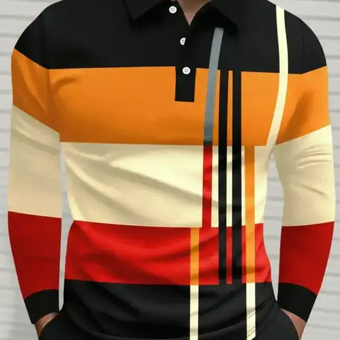 Men's Colorful Striped Long Sleeve Performance Polo Shirt, Polo Style Casual Comfortable Golf Top for All Seasons, Fashion Gift for Men