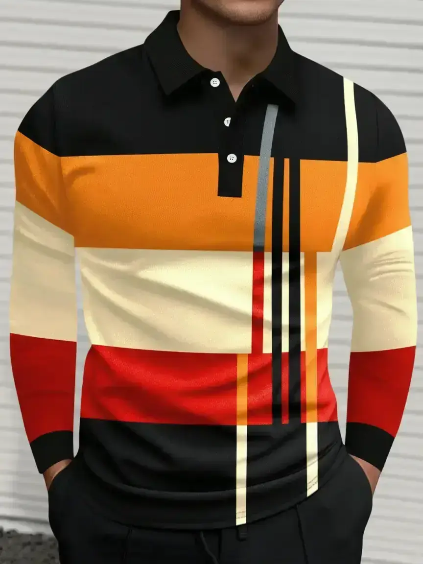 Men's Colorful Striped Long Sleeve Performance Polo Shirt, Polo Style Casual Comfortable Golf Top for All Seasons, Fashion Gift for Men