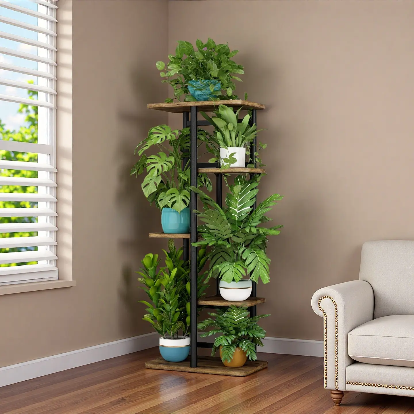 Metal Rectangular Iron-MDF 5-Tier Anti-Rust Plant Stand with Storage Shelf, Balanced Base, 6-Capacity, 14.17Lx9.05Wx37.01H in, Easy to Install, Weather Resistant Indoor/Outdoor Organizer for Balcony, Living Room Plant Display