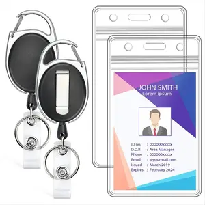 2 Pack ID Badge Holder with Retractable Reel Clear Vertical Card Heavy Duty Carabiner