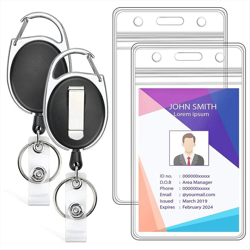 2 Pack ID Badge Holder with Retractable Reel Clear Vertical Card Heavy Duty Carabiner