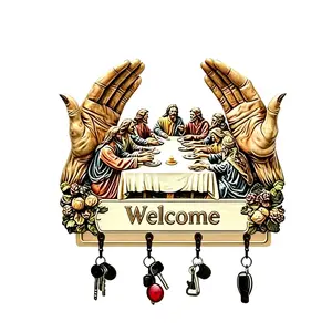 The Last Supper Welcome Key Holder Wall Decor, Christian Praying Hands Wall Hanger With 4 Hooks, Spiritual Entryway Key Rack For Home Decor