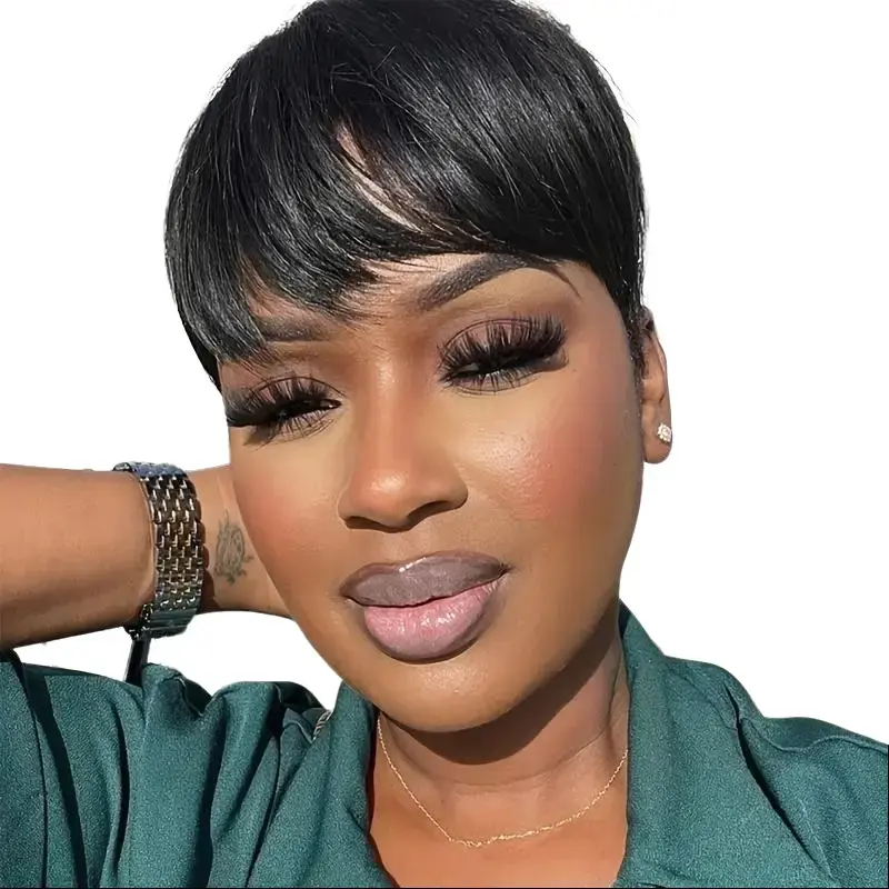 Women's 2026 New Elegant 4-Inch Black Pixie Cut Wig with Bangs - Straight Virgin Human Hair, Glueless Full Machine Made, 180% Density Human Hair Wigs, Glueless Wigs