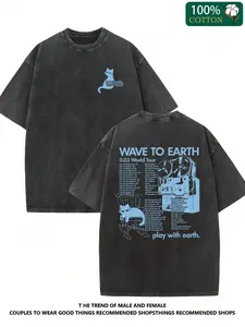 1 PC Men's Wave to Earth Graphic T-Shirt Casual Vintage Acid Wash World Tour Print Back Oversized Cotton Tee for Urban Streetwear Outfits