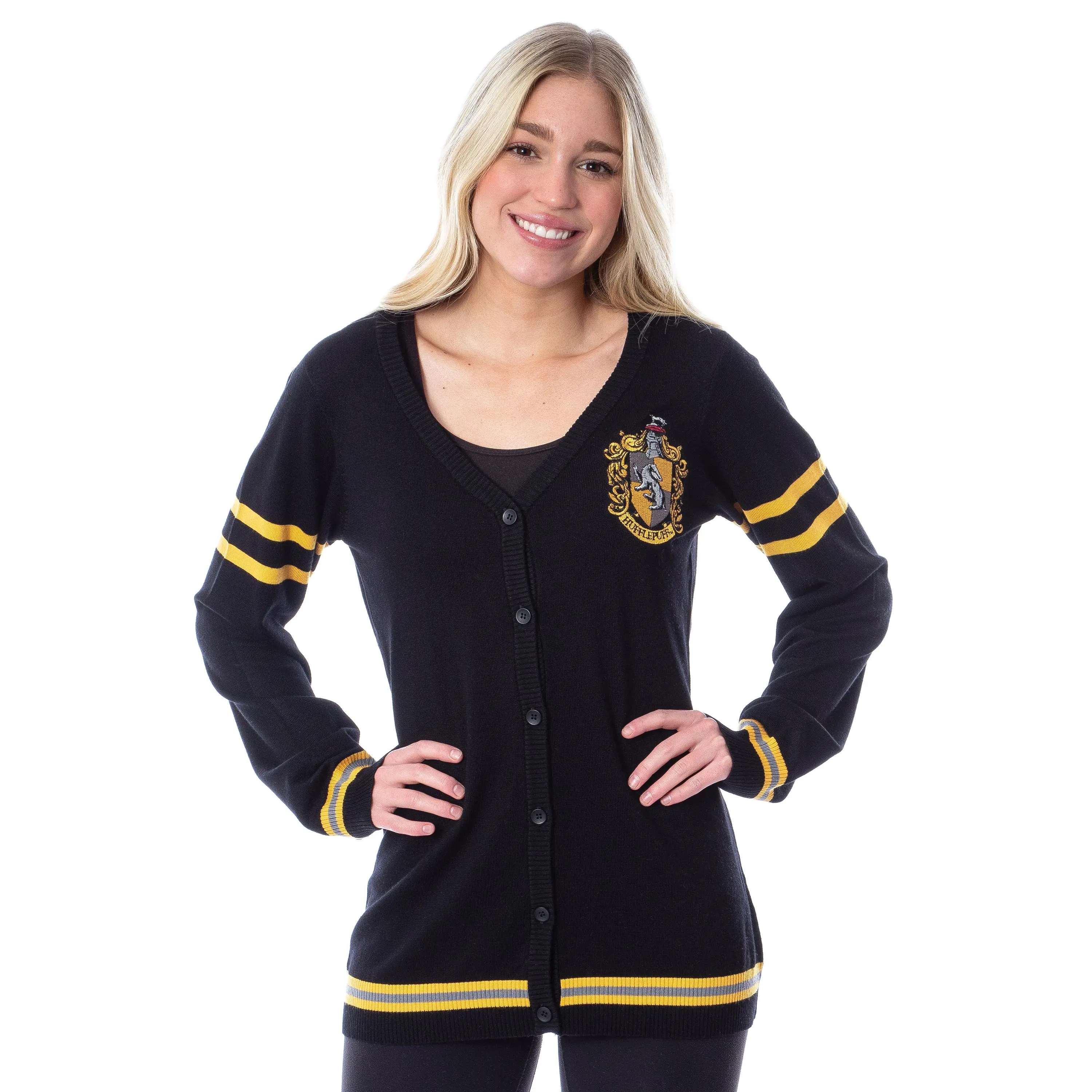 Harry Potter Womens Hufflepuff House Open Front Cardigan Juniors Knit Sweater
