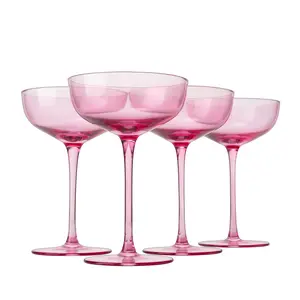 The Wine Savant Pink Colored Martini, Champagne and Cocktail Coupe Glass | 7oz | Set of 4 Colorful Gifts Champagne & Glasses, Fancy Manhattan, Crystal Cocktails Barware Gifts (Blush Pink)