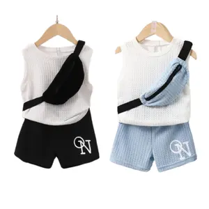Ready Stock Baby Boys Outfits Clothes Summer Sleeveless Tops Letter Print Shorts With Bag 3PCS Toddler Boys ootd White/Blue GS112212003