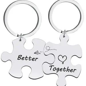2pcs/set Women's Men's Puzzle Slogan Better Together Engraved Stainless Steel Keychain For Couples Girlfriend Boyfriend Wife Husband Birthday Gift Valentine's Day Gift matching keychain ed c