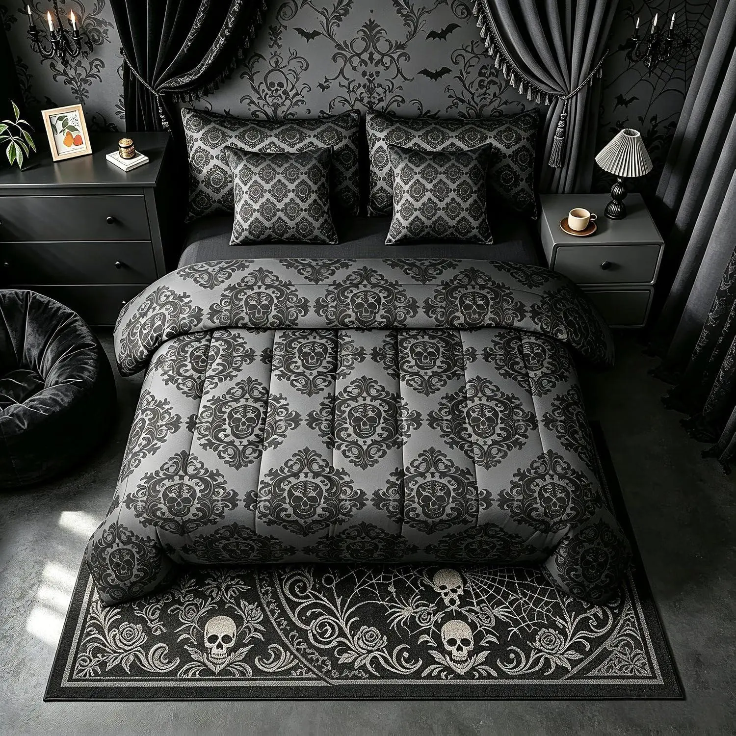 Jacquard Comforter Set with Sheets 7 Piece Black Damask Bed in a Bag Sugar Skull Bedding Set Halloween Themed Bedroom Decor Breathable Soft Lightweight Microfiber
