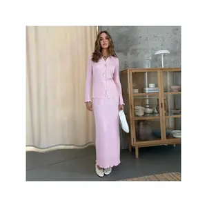 Cross-Border Polo Collar Long Sleeve Cardigan and Skirt Set European and American 2025 Autumn Winter Ruffled Knitted Sweater Set for Women Clothes Womenswear Suits Chic Crewneck Elegant Pink