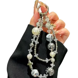 Silver High-Grade Heavy-Duty Mobile Phone Chain Double-Layer Beads Anti-Lost Lanyard with Keychain Grip for Enhanced Stability and Durability Smartphone Cellphone