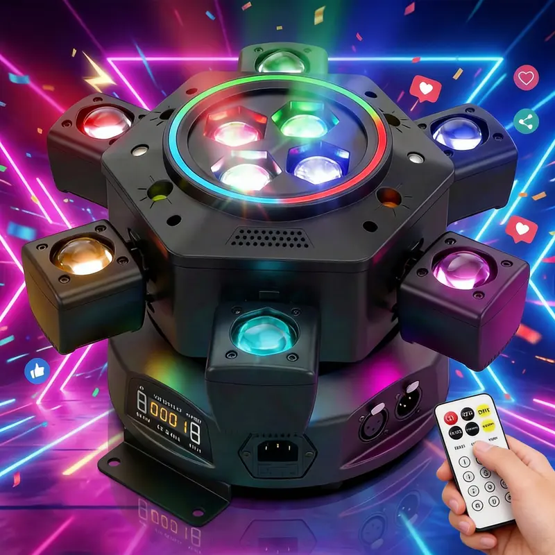 6-IN-1 Moving Head DJ Lights with RGBW 6-Arm Beams Bee-Eyes Effect 4 LED Strobes DMX-512 Sound Activated Stage Lights for Party Disco KTV Wedding Club