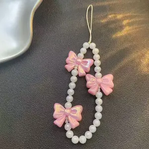 ins handmade original cute cartoon pink bow pearl phone lanyard Phone Strap CCD lanyard anti-loss chain Phone Charms