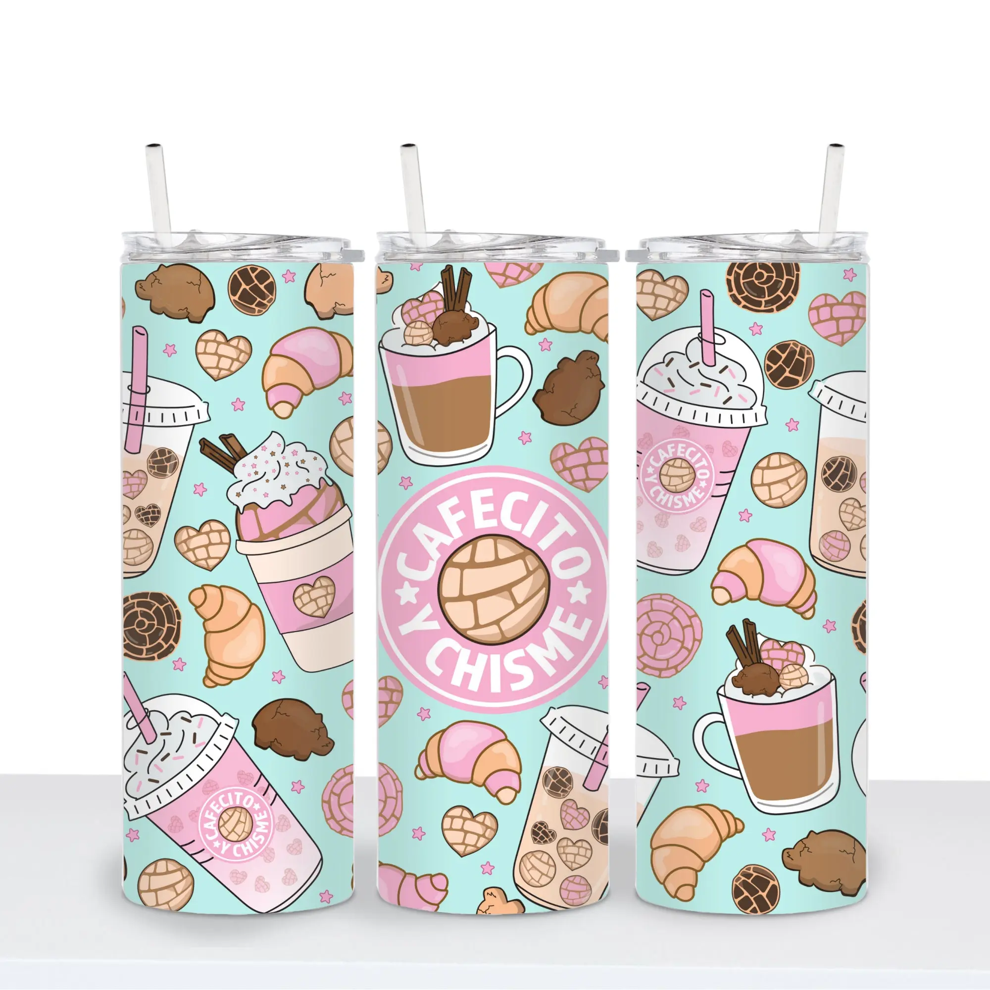 Teal and Pink Cafecito y Chisme 20oz Tumbler